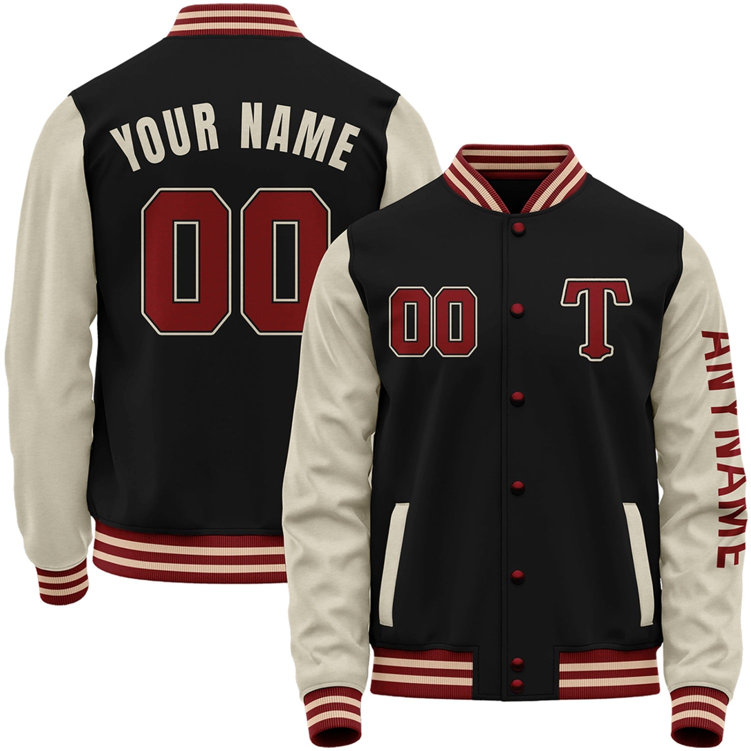 personalized  black and cream varsity baseball jacket by Vosoli with stitched name, number and logo. Classic varsity jacket for baseball and casual wear.