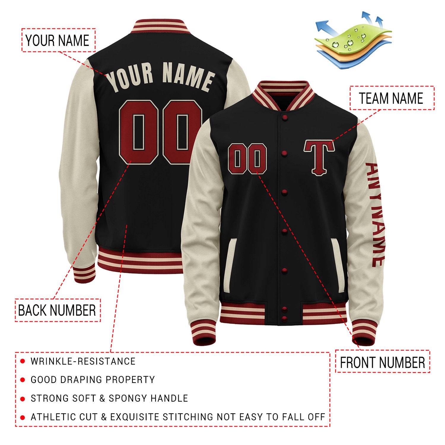 Custom Black & Cream Varsity Letterman Jacket | Personalized Baseball Bomber Coat for Adult & Youth