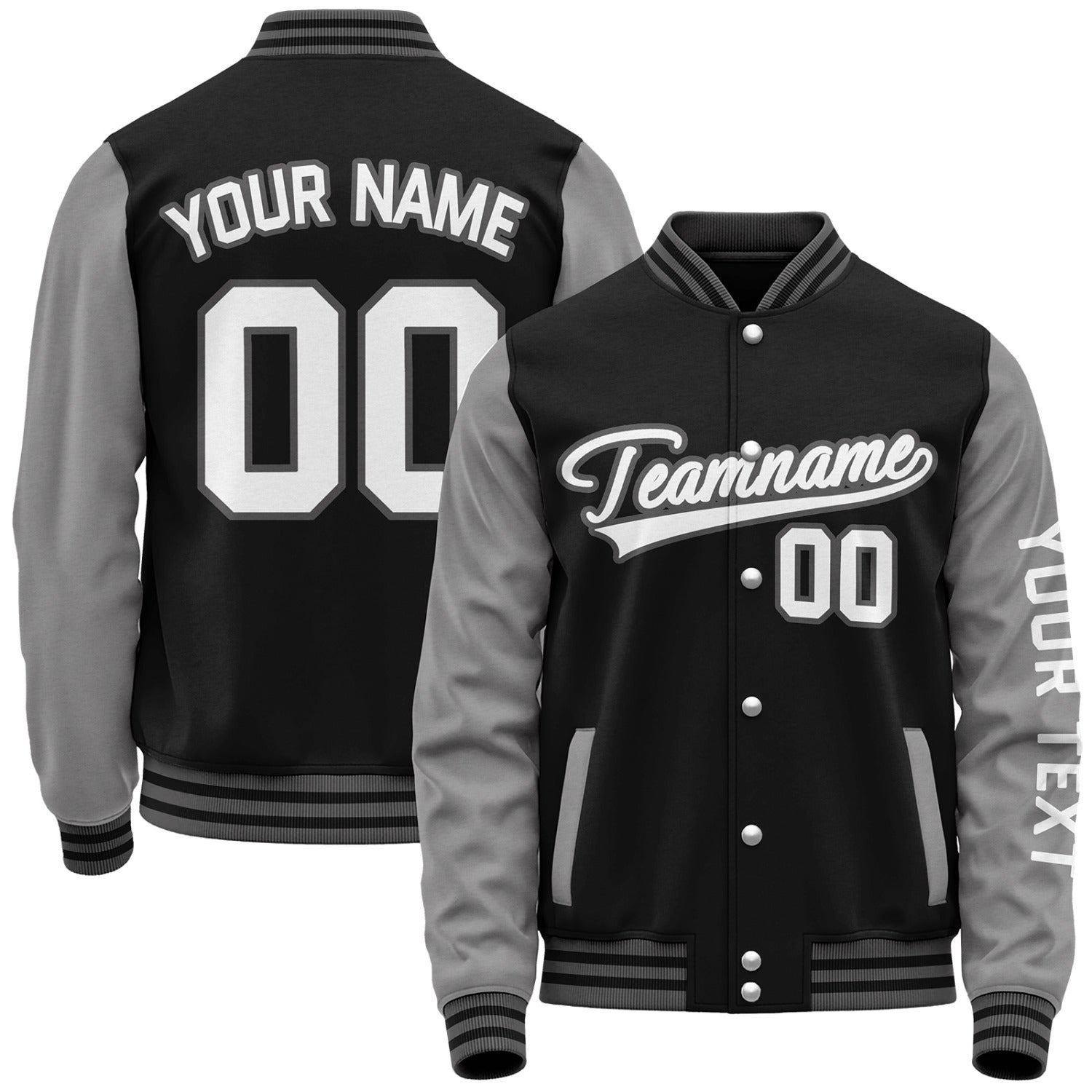 Custom black and grey personalized team baseball jackets by Vosoli with stitched name, number and logo. Classic varsity jacket for baseball and casual wear.