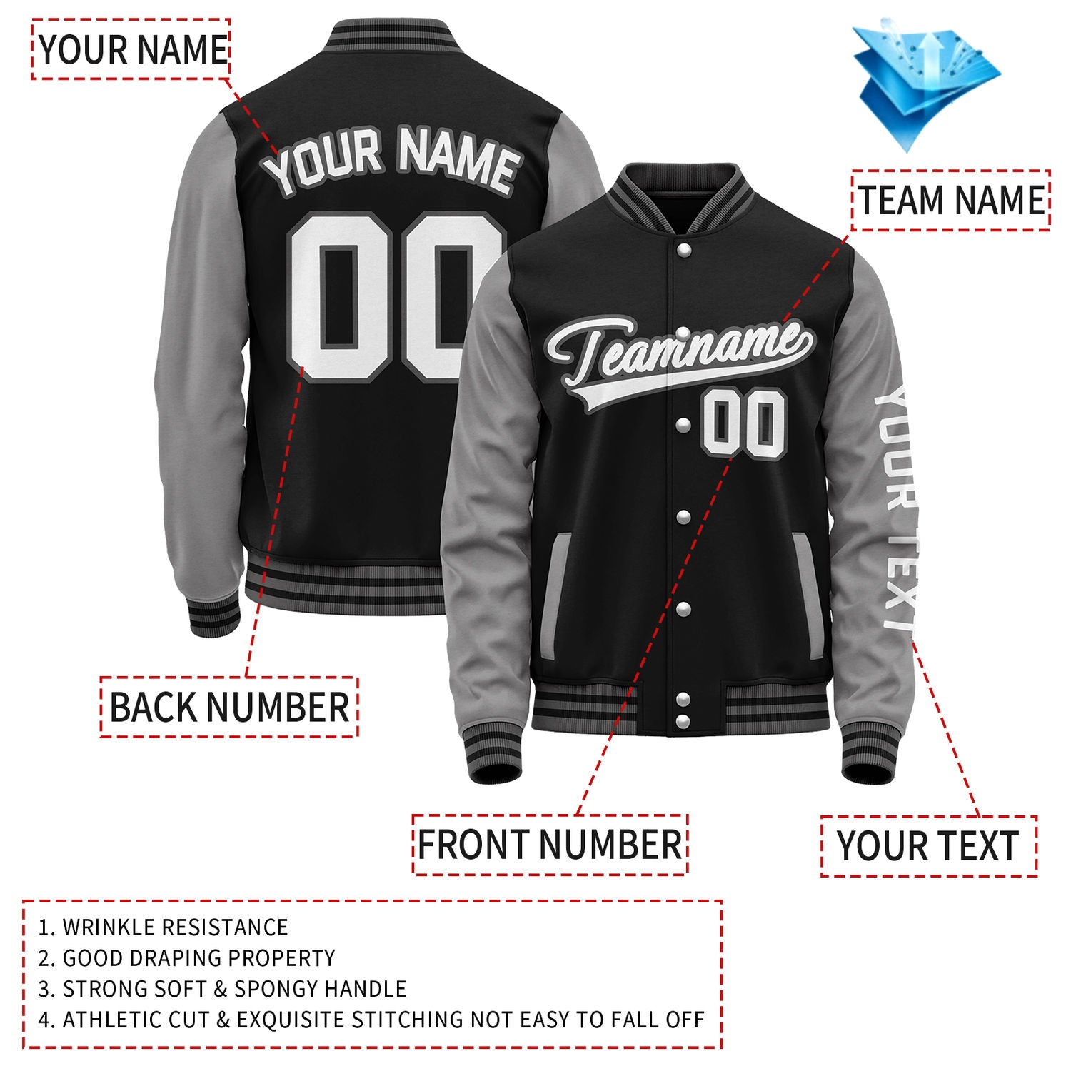 Custom Black Grey Jacket Personalized Team Name Number Letterman Bomber for Adult & Youth