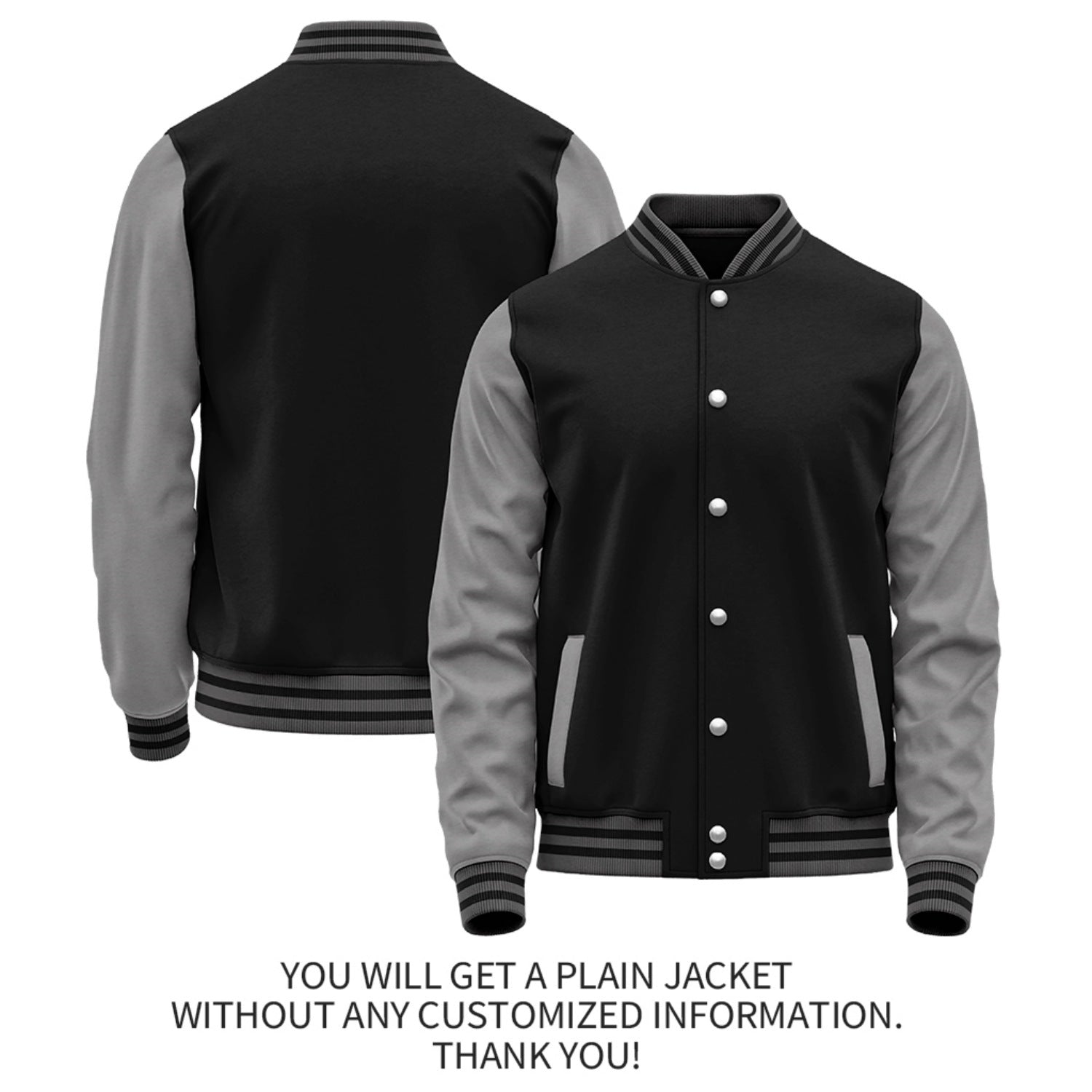 Custom Black Grey Jacket Personalized Team Name Number Letterman Bomber for Adult & Youth