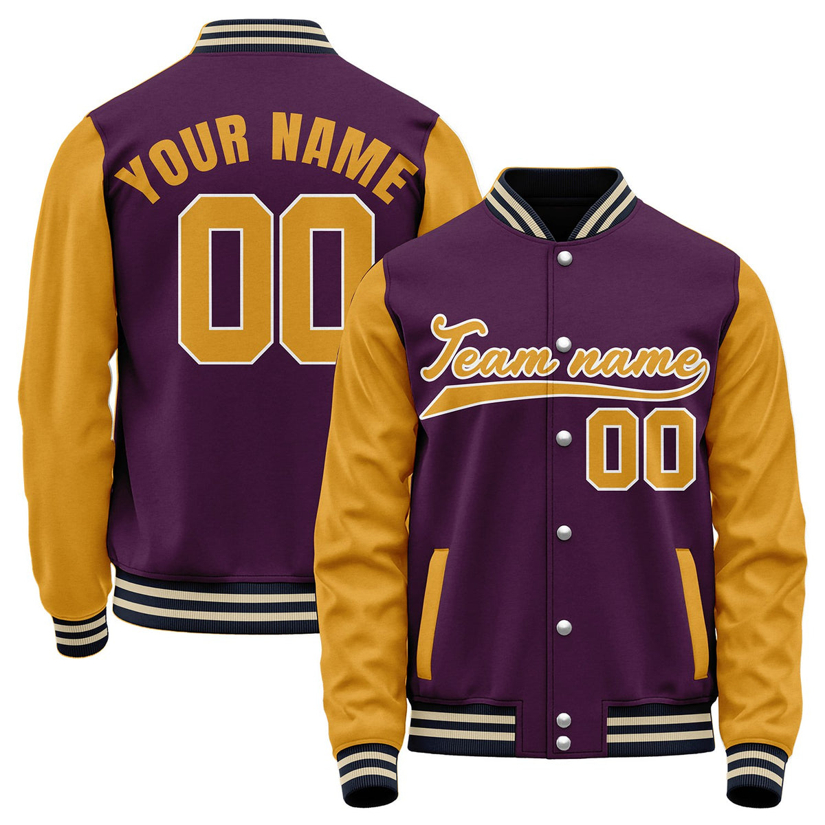 Personalized college baseball jackets, purple and gold retro collegiate varsity letterman bomber jacket, personalized team name, number and logo.