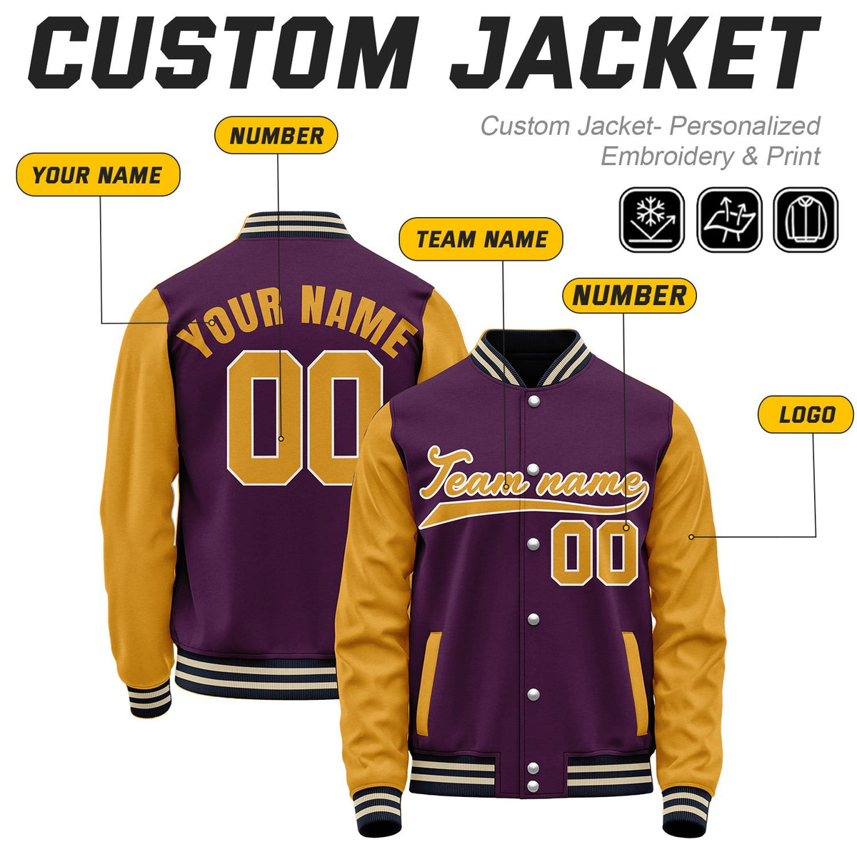 Custom Purple & Gold Baseball Bomber Jacket | Retro Collegiate Varsity & Letterman