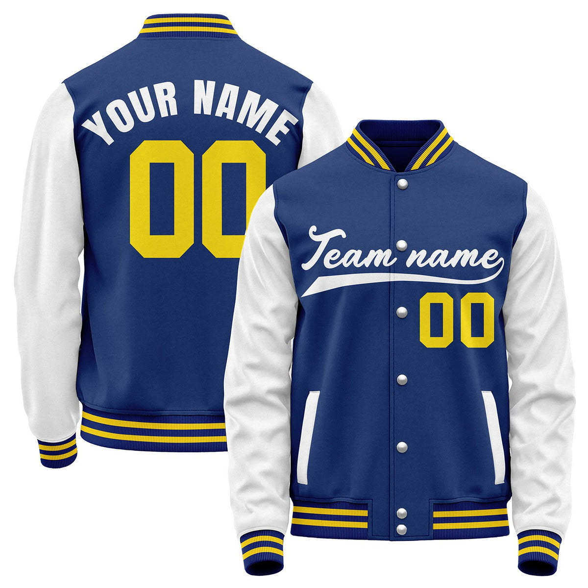 Personalized college baseball jackets, royal blue and white retro collegiate varsity letterman bomber jacket, personalized team name, number and logo.
