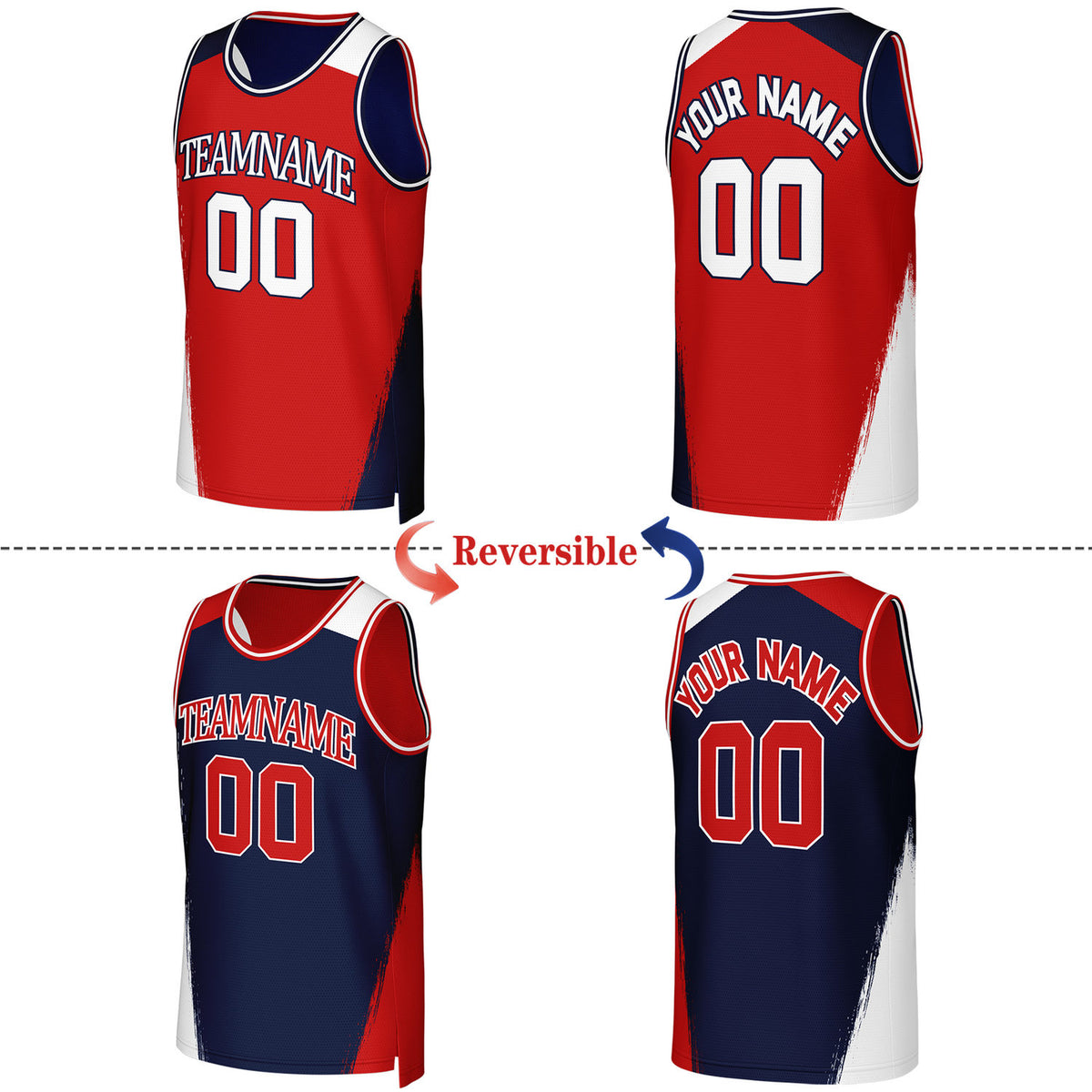 Custom Red & Navy Brush Stroke Reversible Basketball Jersey | Personalized Team Uniforms for Adult & Youth