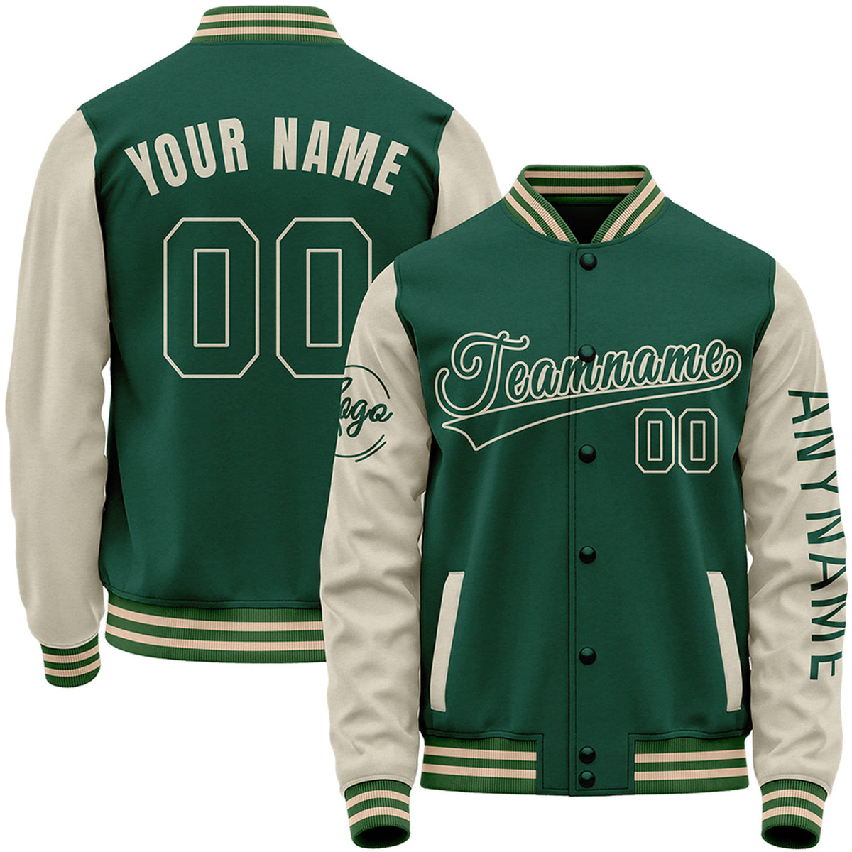 Custom dark green and cream personalized high school baseball team jackets by Vosoli with stitched name, number and logo. Classic varsity jacket for baseball and casual wear.