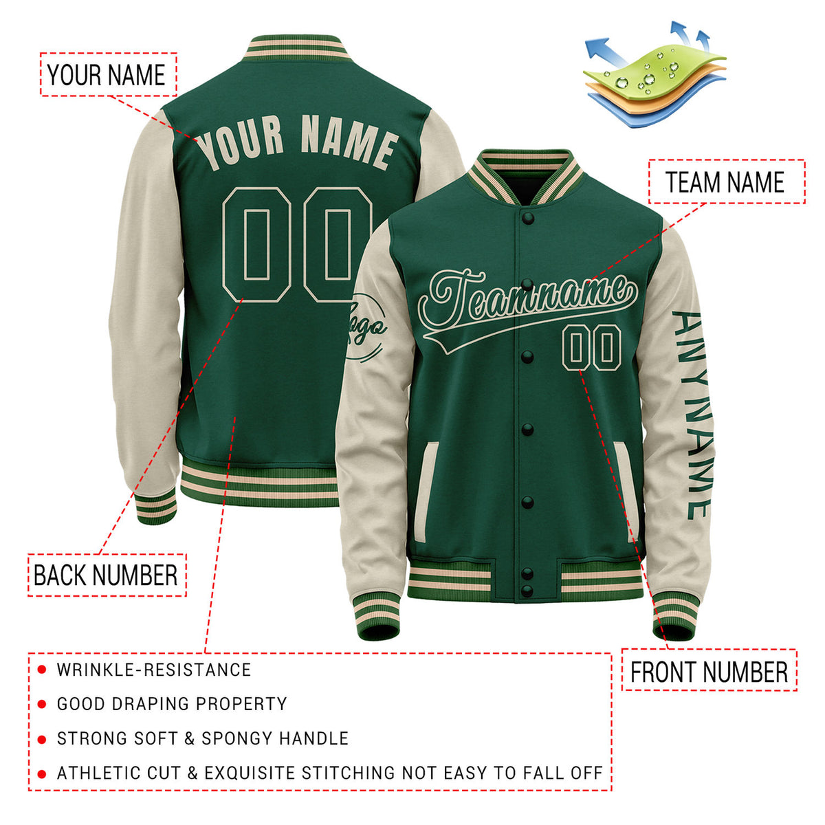 ustom Dark Green & Cream Two Tone Varsity Letterman Jacket | Personalized Stitched Team Name Number