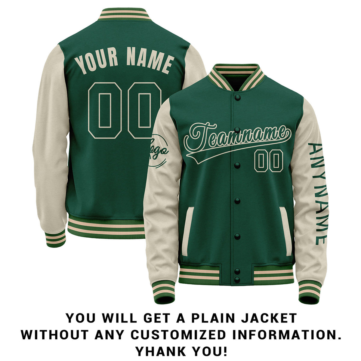 ustom Dark Green & Cream Two Tone Varsity Letterman Jacket | Personalized Stitched Team Name Number