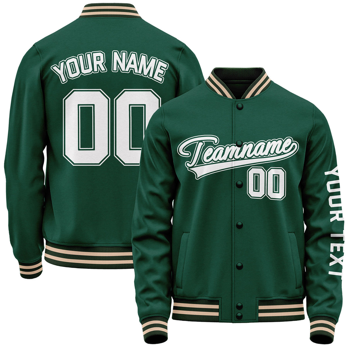 Custom green personalized team baseball jackets by Vosoli with stitched name, number and logo. Classic varsity jacket for baseball and casual wear.