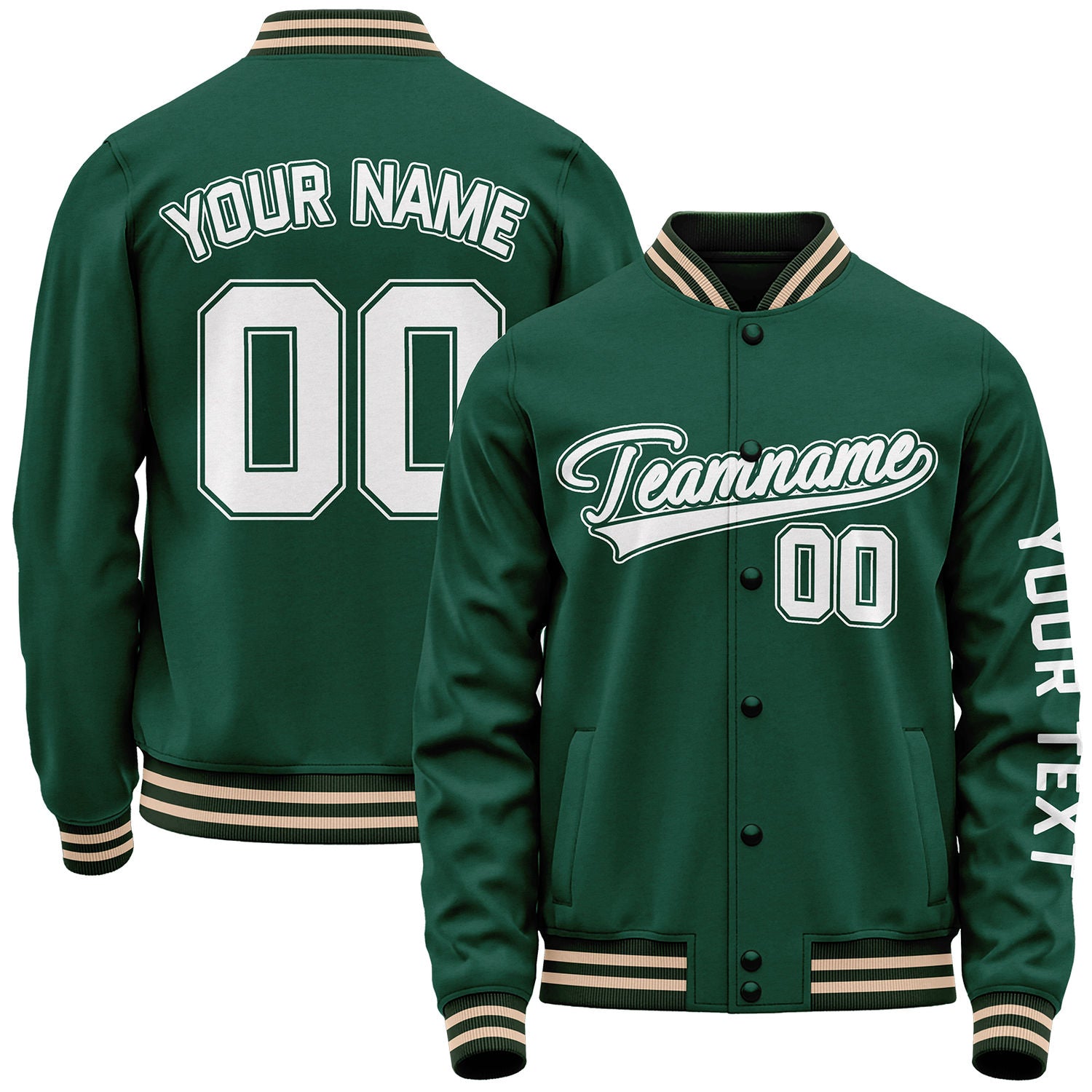 Custom green personalized team baseball jackets by Vosoli with stitched name, number and logo. Classic varsity jacket for baseball and casual wear.