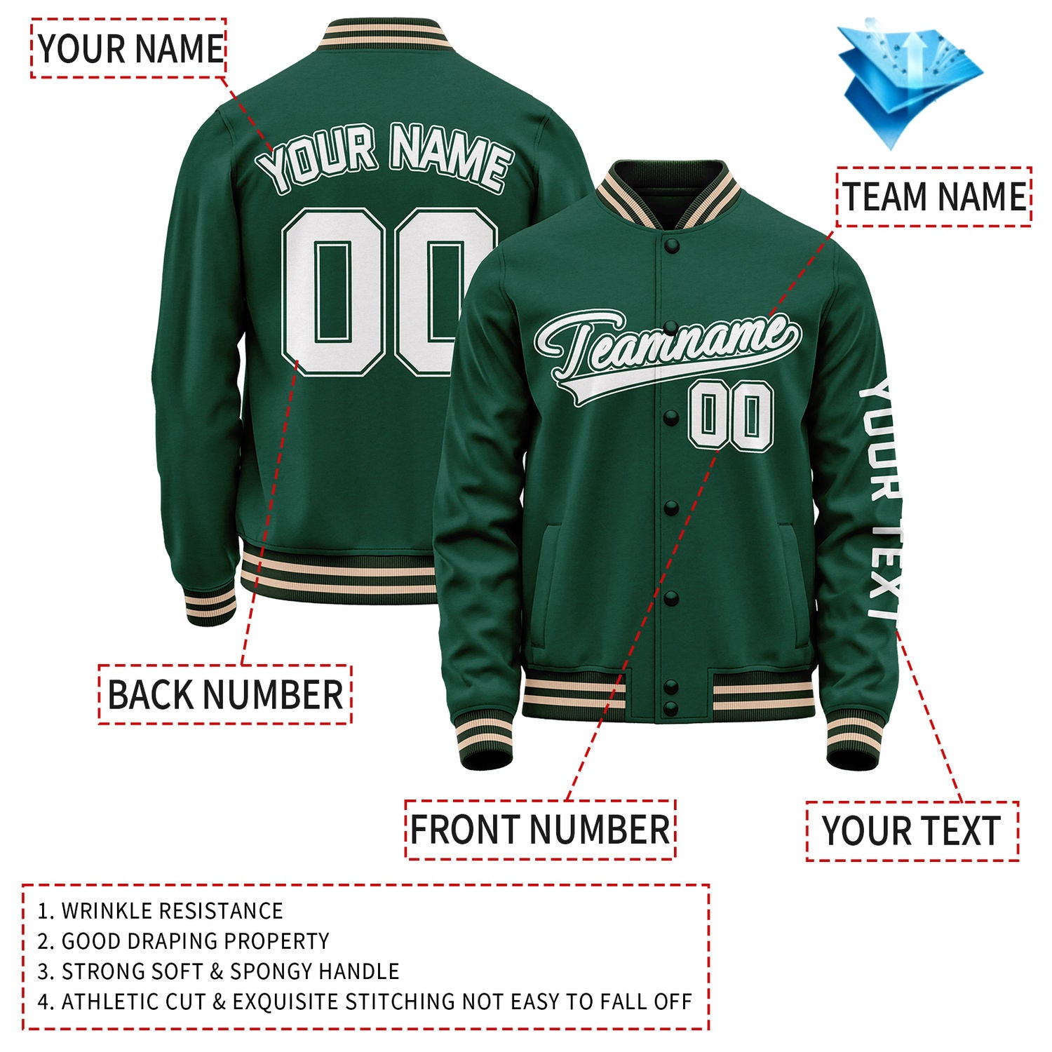 Custom Green Jacket Personalized Team Name Number Letterman Bomber for Adult & Youth