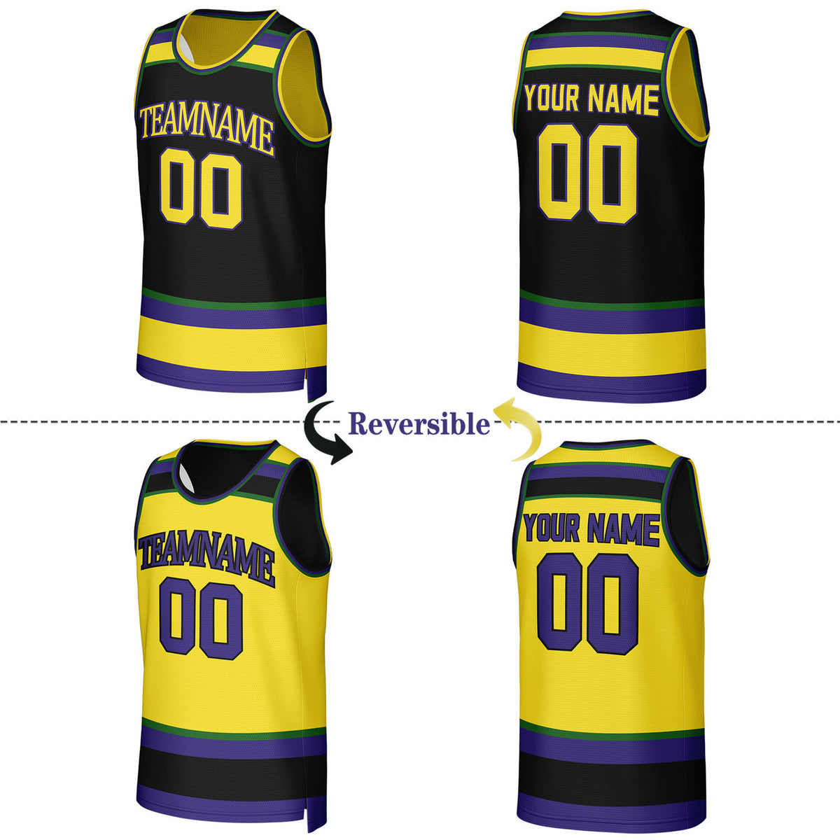 Custom Black & Yellow Striped Reversible Basketball Jersey | Personalized Team Jerseys with Name, Number & Logo