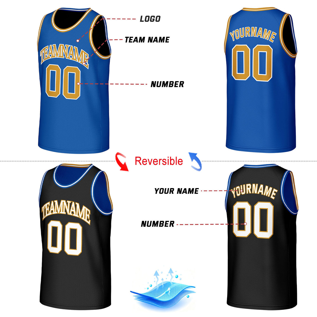 Custom Classic Double Trim Reversible Basketball Jersey Blue & Black Mesh Team Uniform for Adult Youth