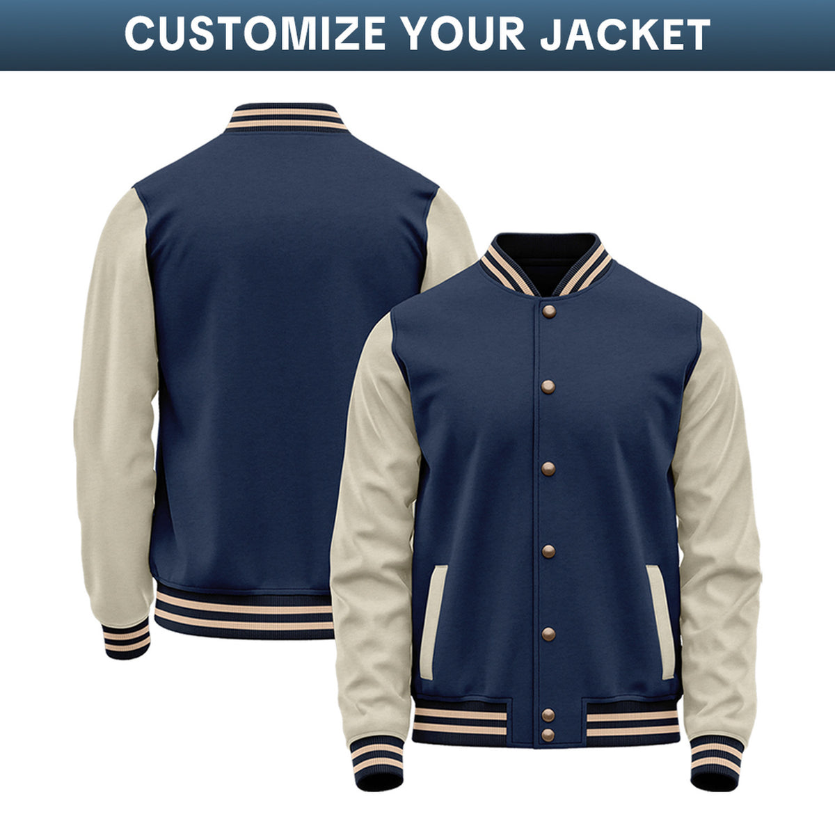 Custom Varsity Jacket with Stitched Name & Number | Navy & Cream Personalized Team Letterman Bomber