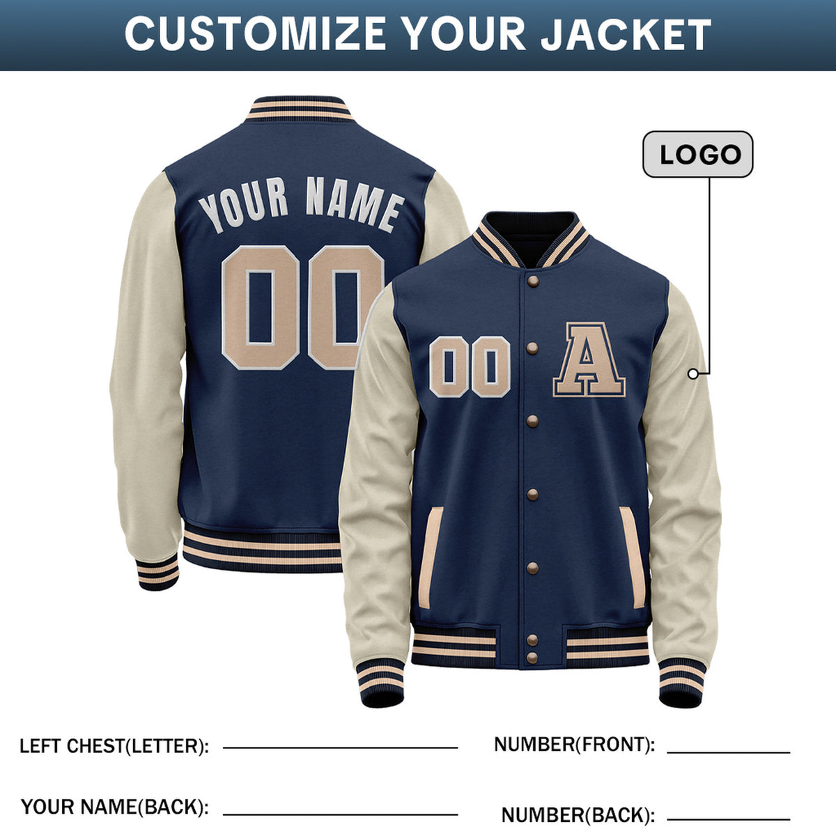 Custom Varsity Jacket with Stitched Name & Number | Navy & Cream Personalized Team Letterman Bomber