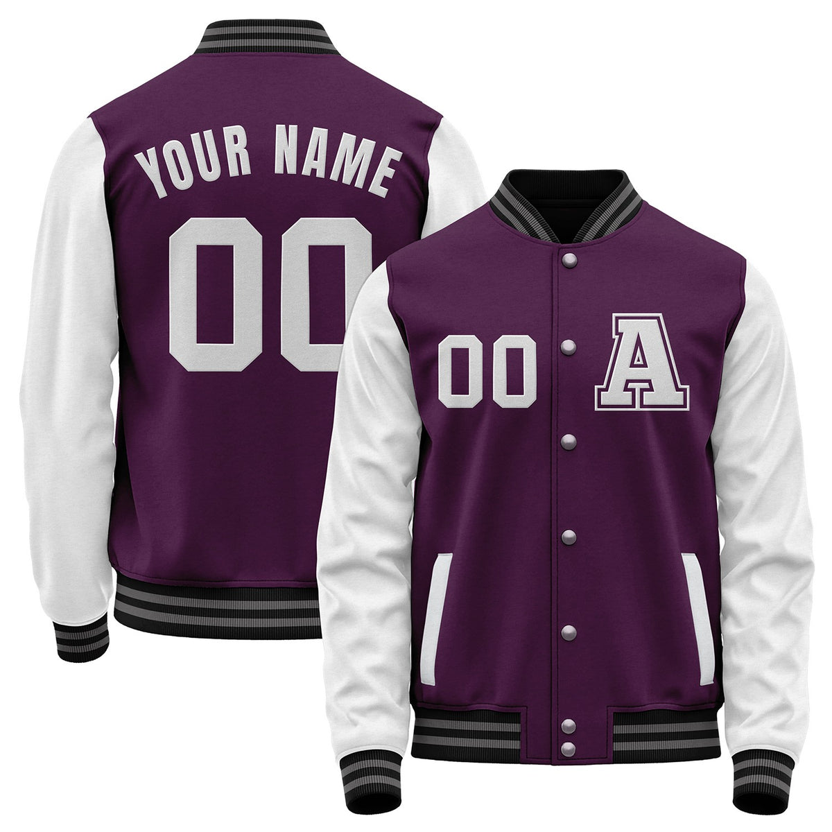 Custom purple and white personalized high school baseball jackets by Vosoli with stitched name, number and logo. Classic varsity jacket for baseball and casual wear.