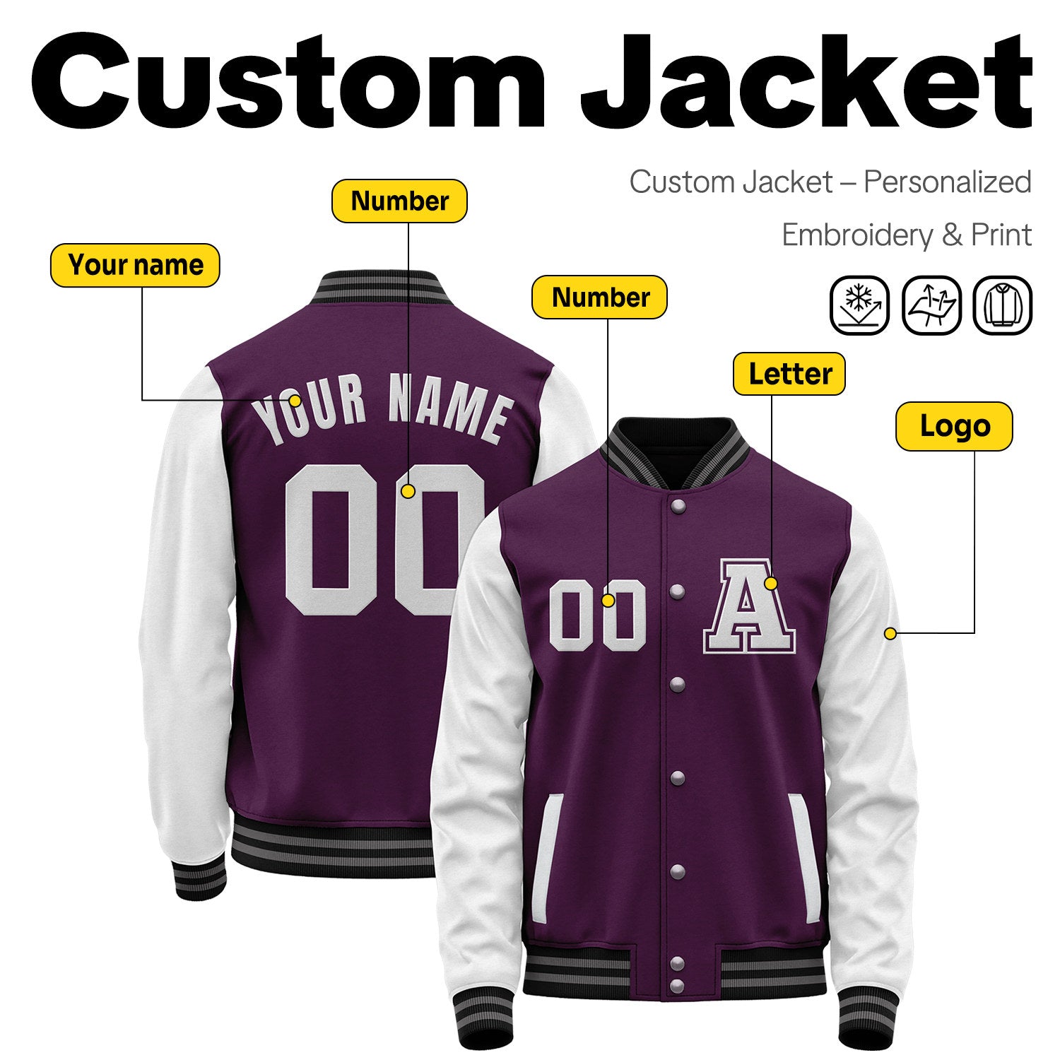 Custom Varsity Jacket with Embroidered Name & Number | Purple & White Personalized Team Letterman Bomber