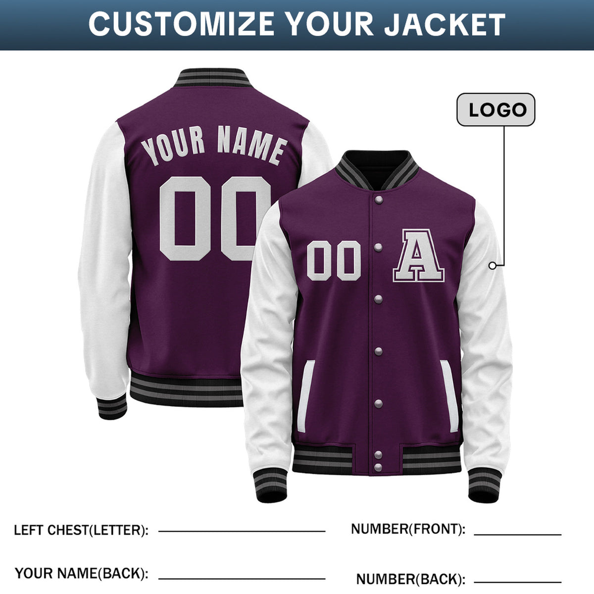 Custom Varsity Jacket with Embroidered Name & Number | Purple & White Personalized Team Letterman Bomber