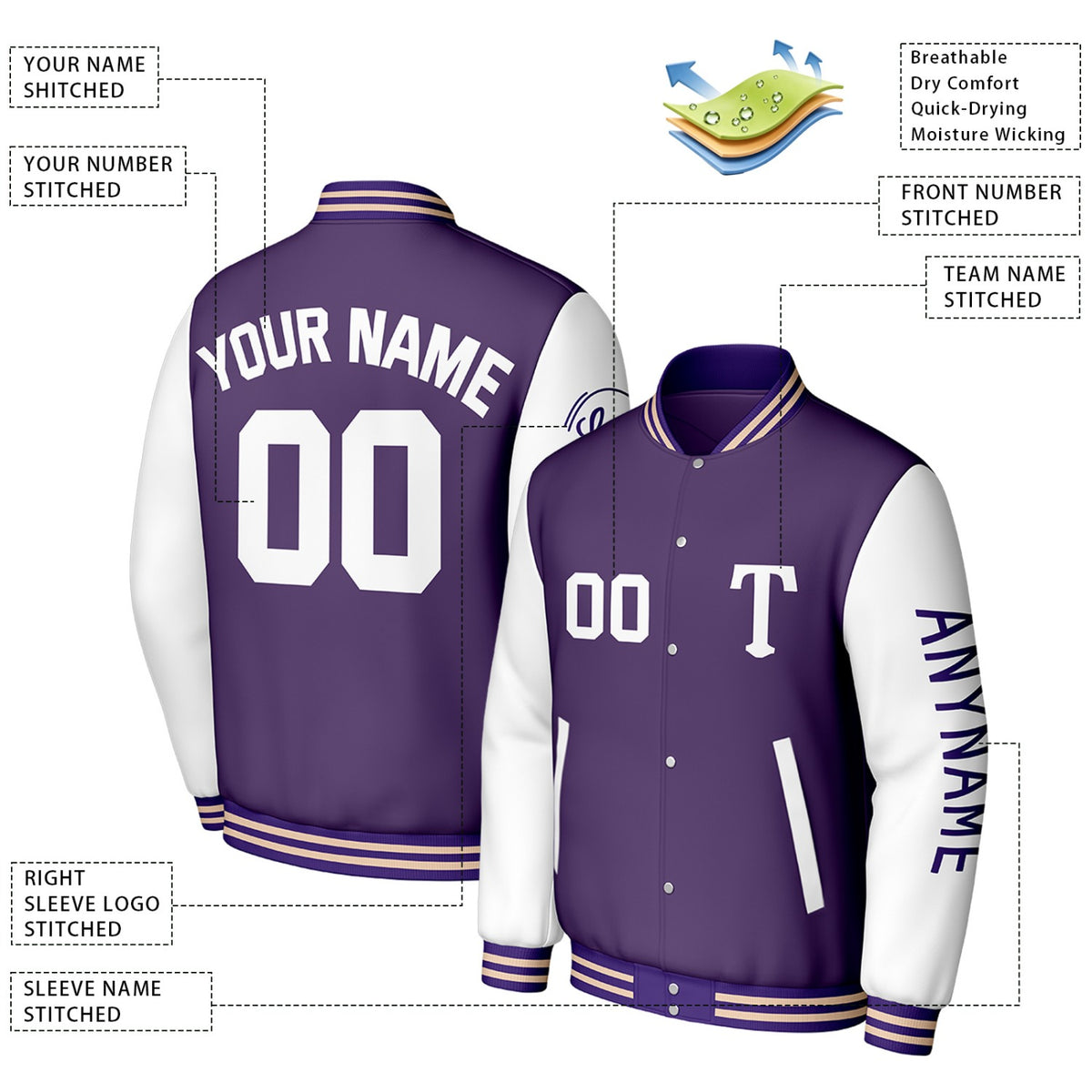 Custom Purple & White Varsity Baseball Jacket | Personalized Letterman Baseball Bomber for Adult & Youth