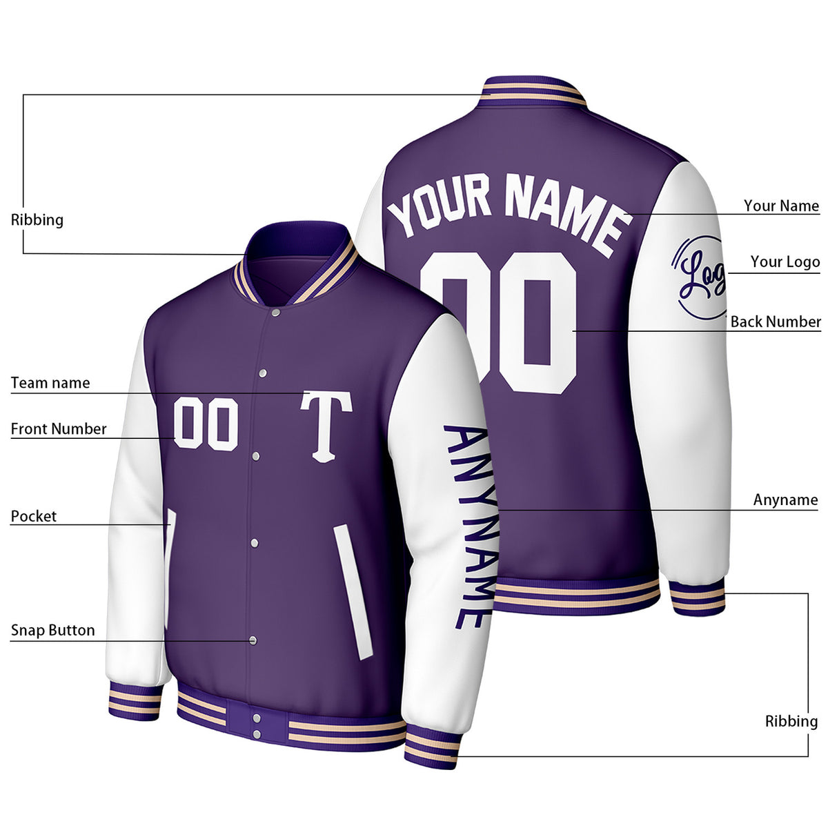 Custom Purple & White Varsity Baseball Jacket | Personalized Letterman Baseball Bomber for Adult & Youth