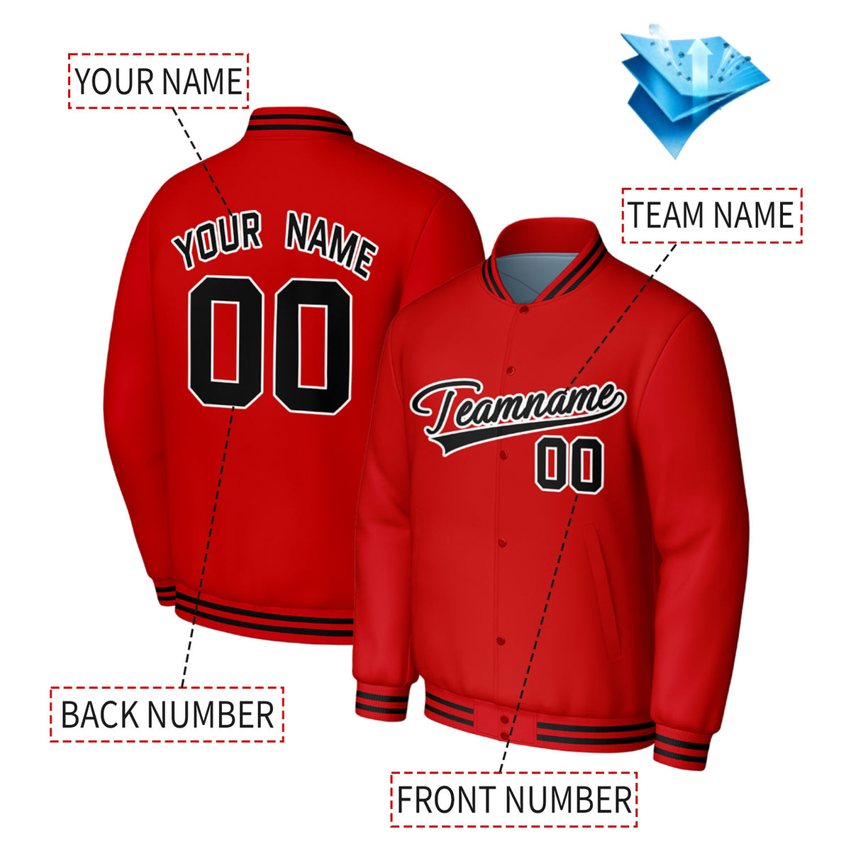 Custom Red & Black Varsity Baseball Jacket | Personalized Jacket with Stitched Name & Number for Adult & Youth