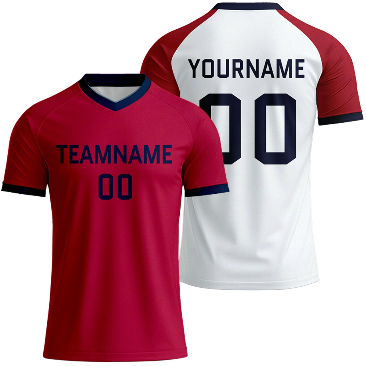 personalized red white raglan soccer shirts by Vosoli, personalized team name, player name &amp; number, breathable short sleeve V-neck soccer uniform for team matches