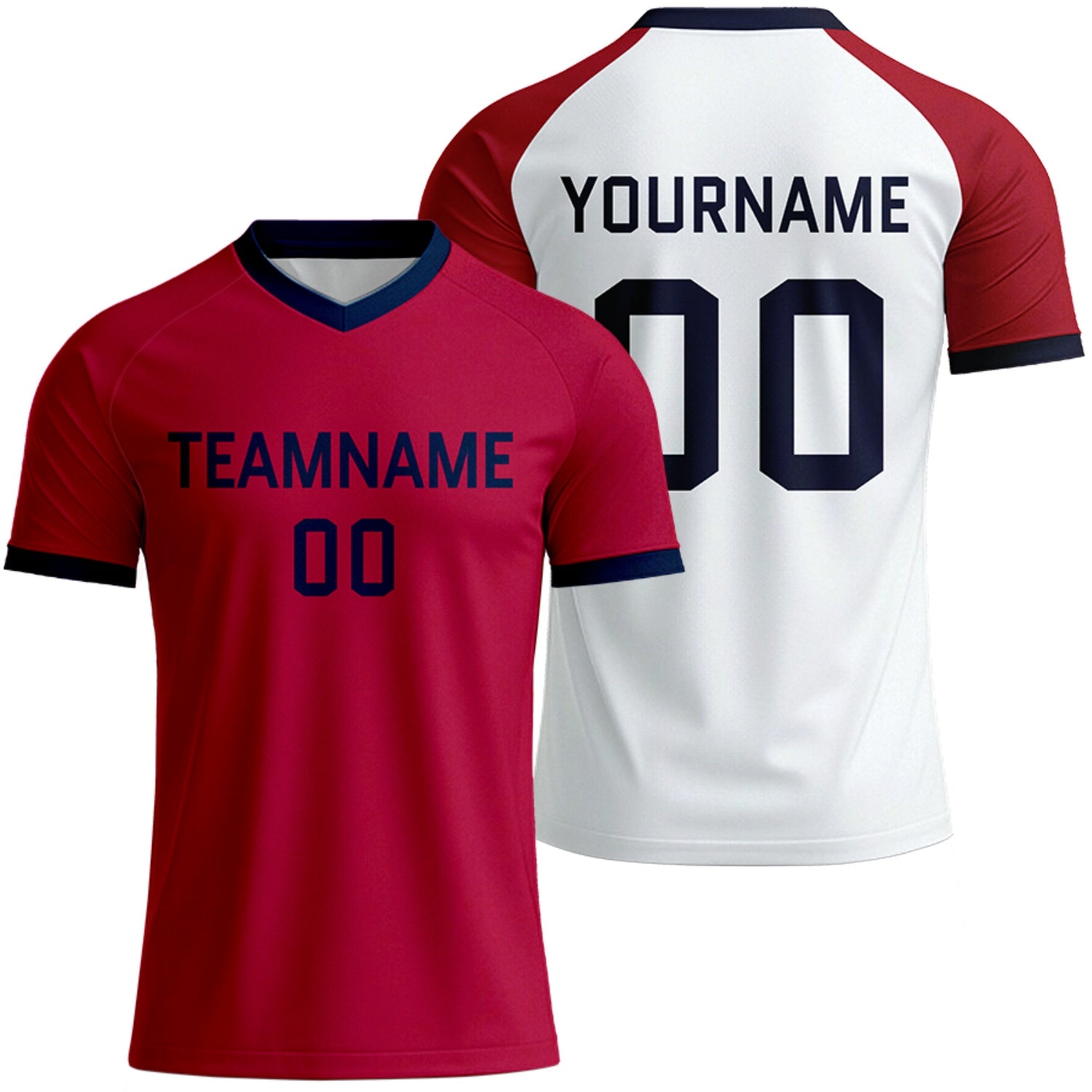 personalized red white raglan soccer shirts by Vosoli, personalized team name, player name & number, breathable short sleeve V-neck soccer uniform for team matches