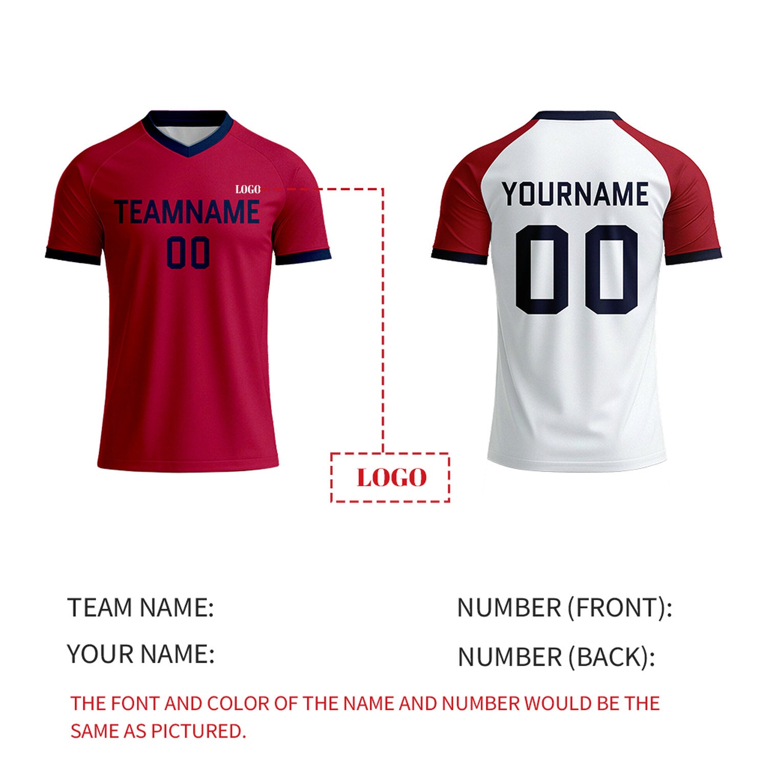 Custom Red & White Raglan Soccer Shirt | Personalized Short Sleeve V-Neck Uniform for Youth & Adult