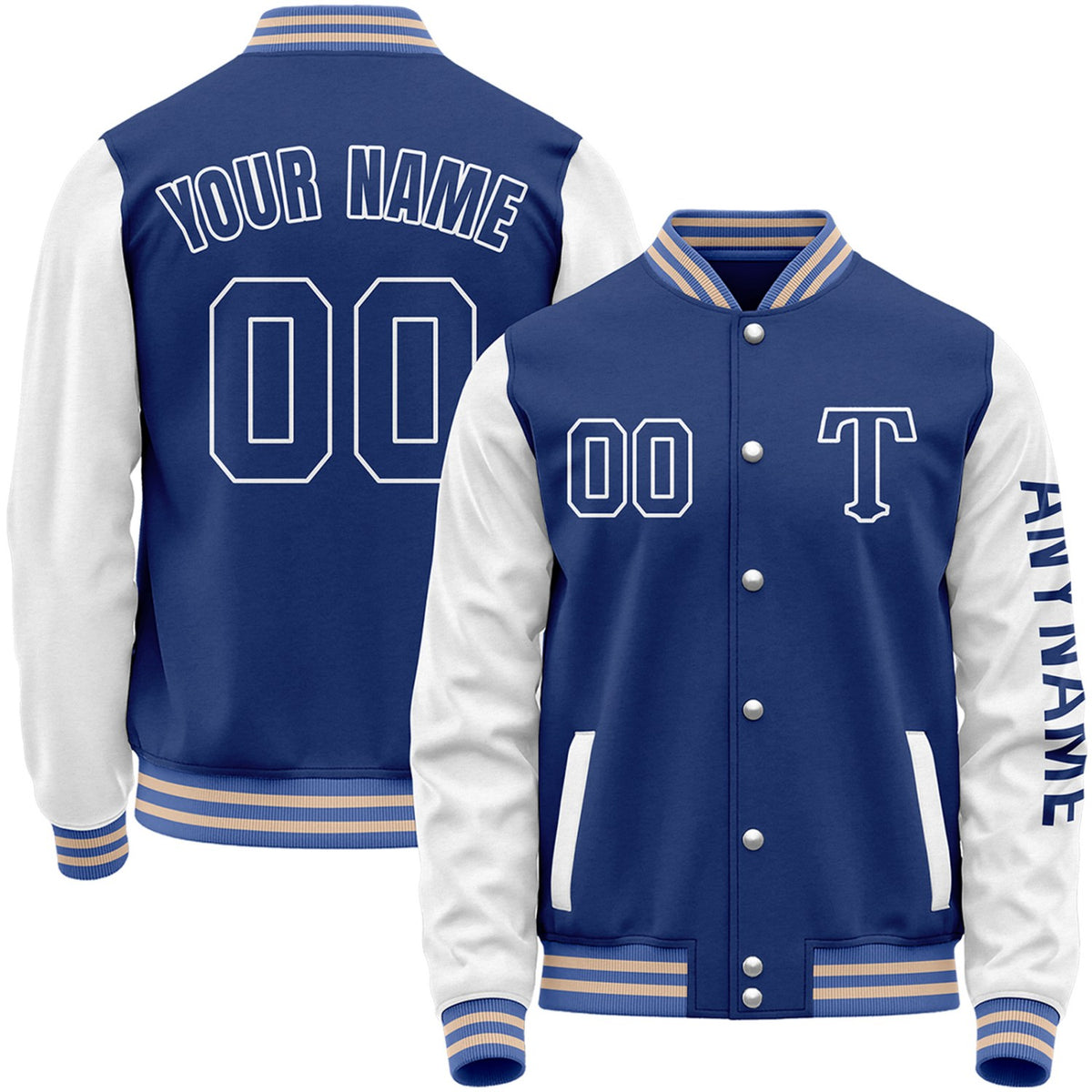  personalized royal blue and white baseball varsity jacket by Vosoli with stitched name, number and logo. Classic varsity jacket for baseball and casual wear.