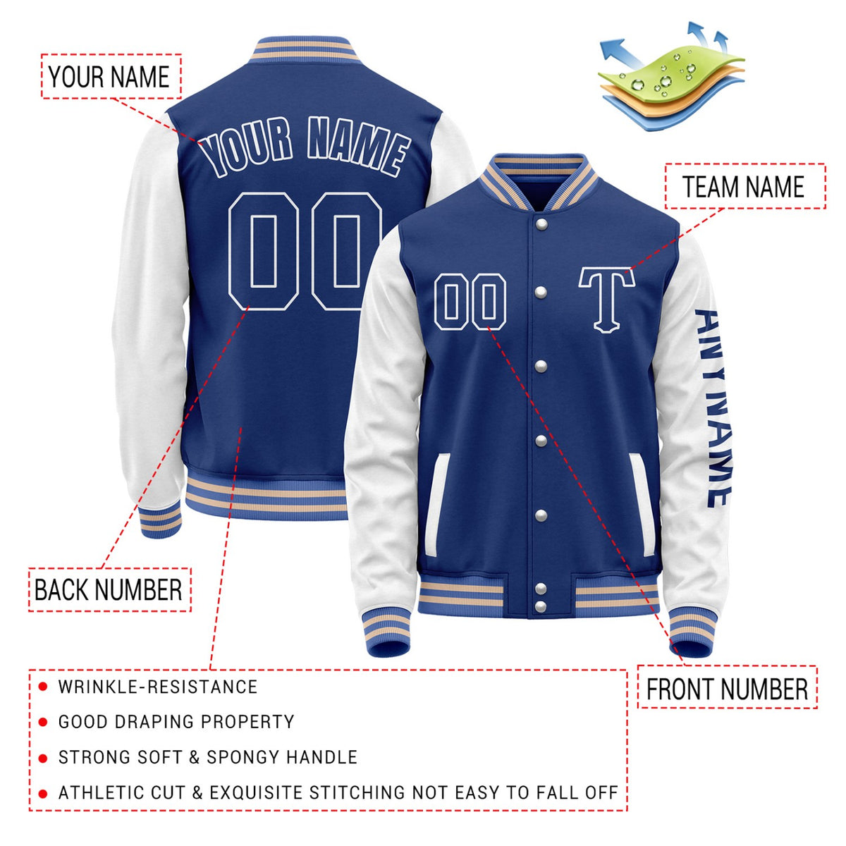 Custom Royal Blue & White Varsity Letterman Jacket | Personalized Baseball Bomber Coat for Adult & Youth