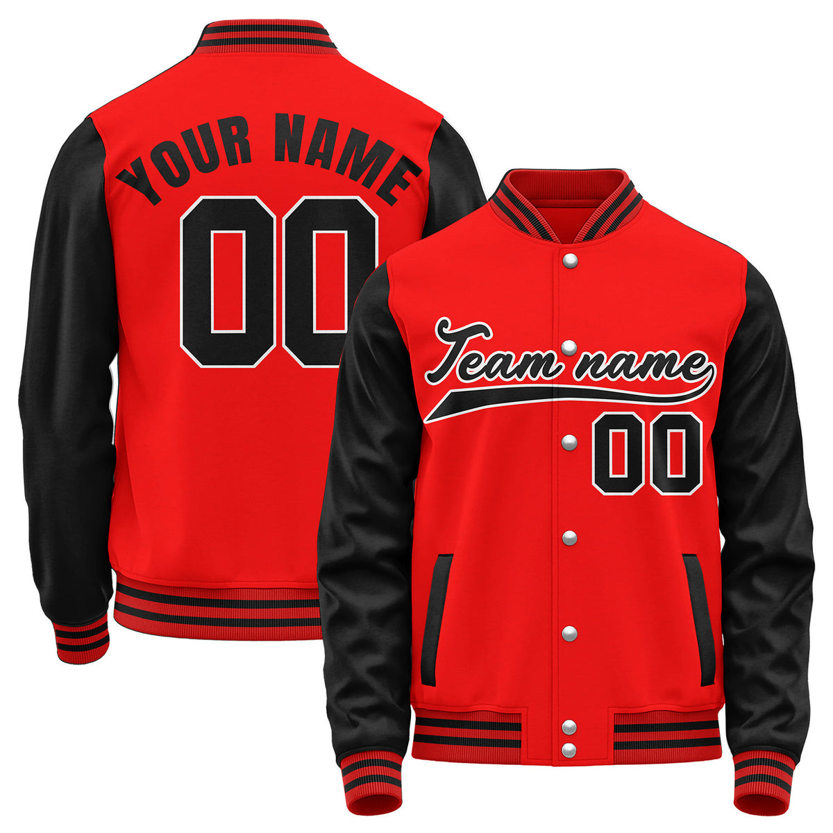 Personalized team baseball jackets, red and black varsity letterman bomber jacket, custom team name, player number and logo.