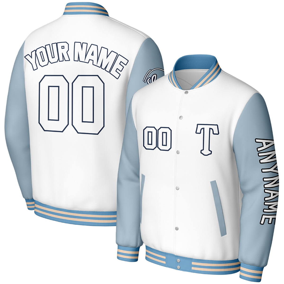 custom white lightblue club baseball jackets by Vosoli, personalized stitched name, number &amp; logo, classic button up varsity letterman jacket for baseball club team and casual wear