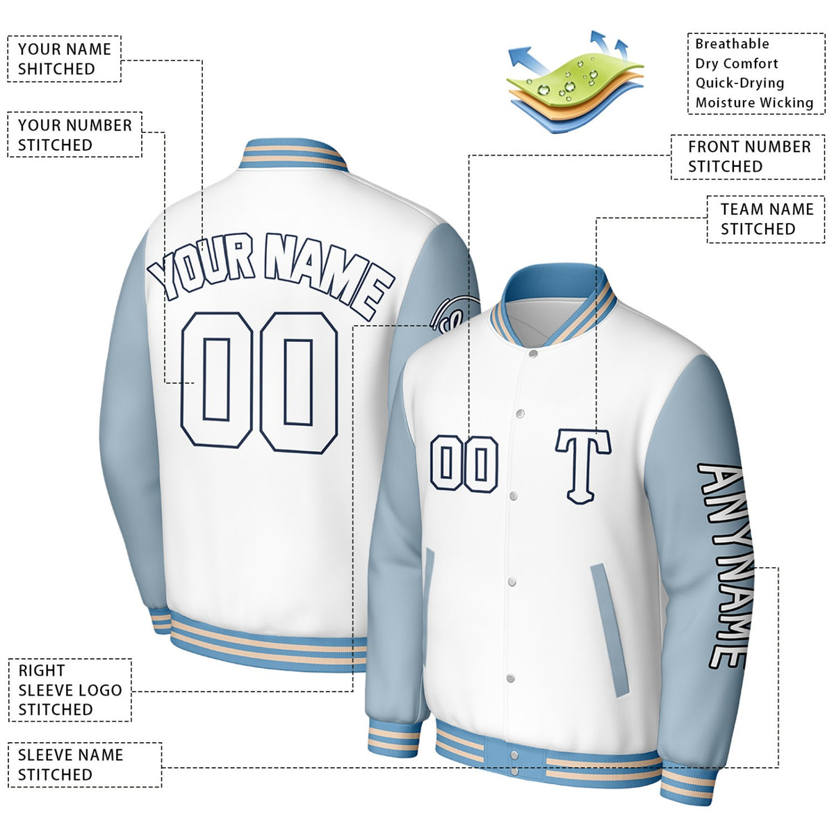 Custom White & Light Blue Varsity Baseball Jacket | Personalized Letterman Baseball Bomber for Adult & Youth