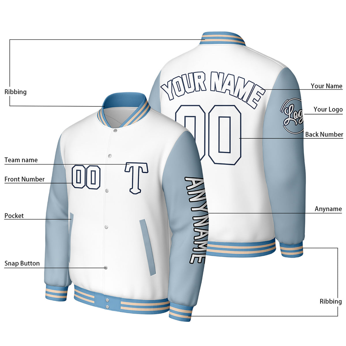 Custom White & Light Blue Varsity Baseball Jacket | Personalized Letterman Baseball Bomber for Adult & Youth