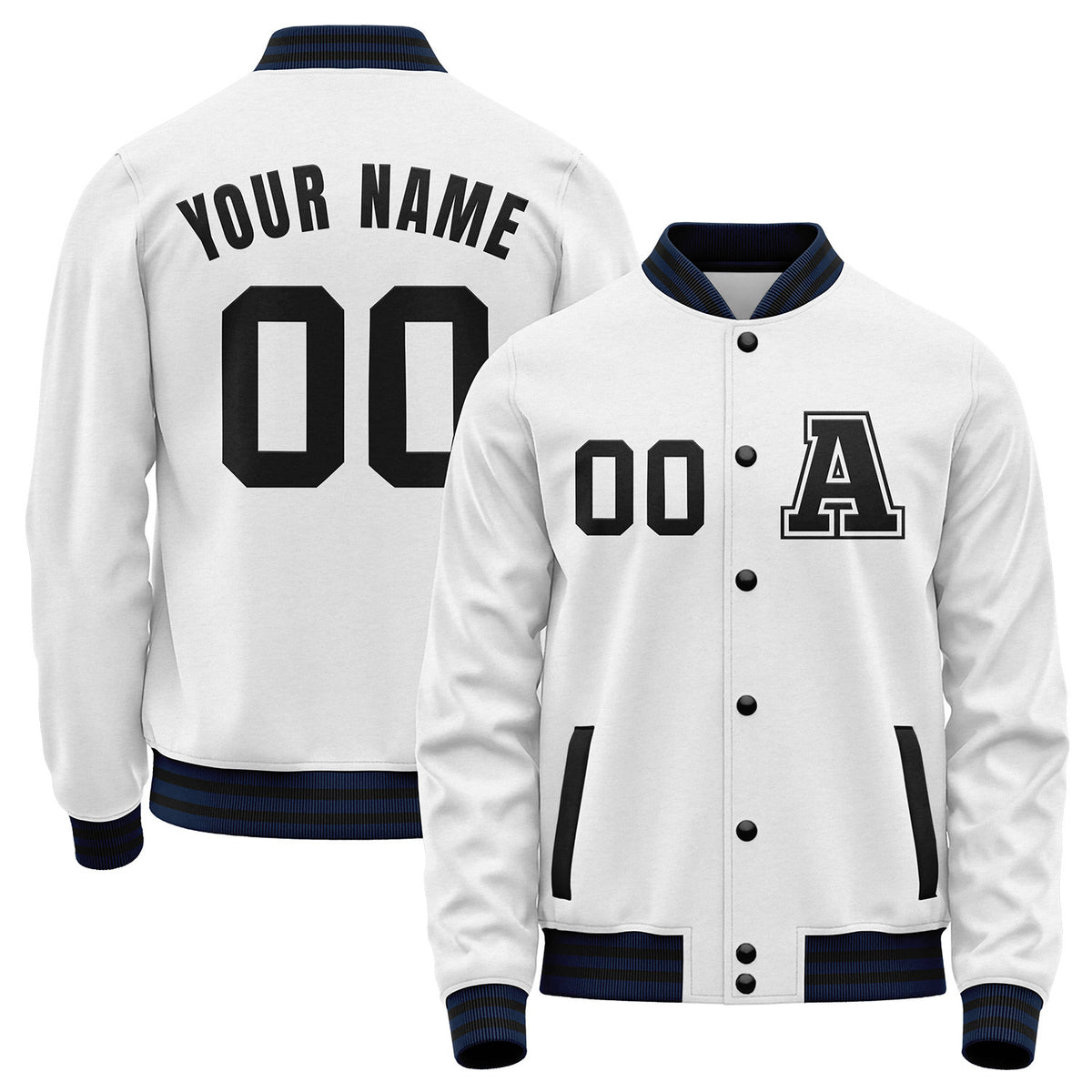 Personalized white and navy baseball letterman jacket by Vosoli with stitched name, number and logo. Classic varsity jacket for baseball and casual wear