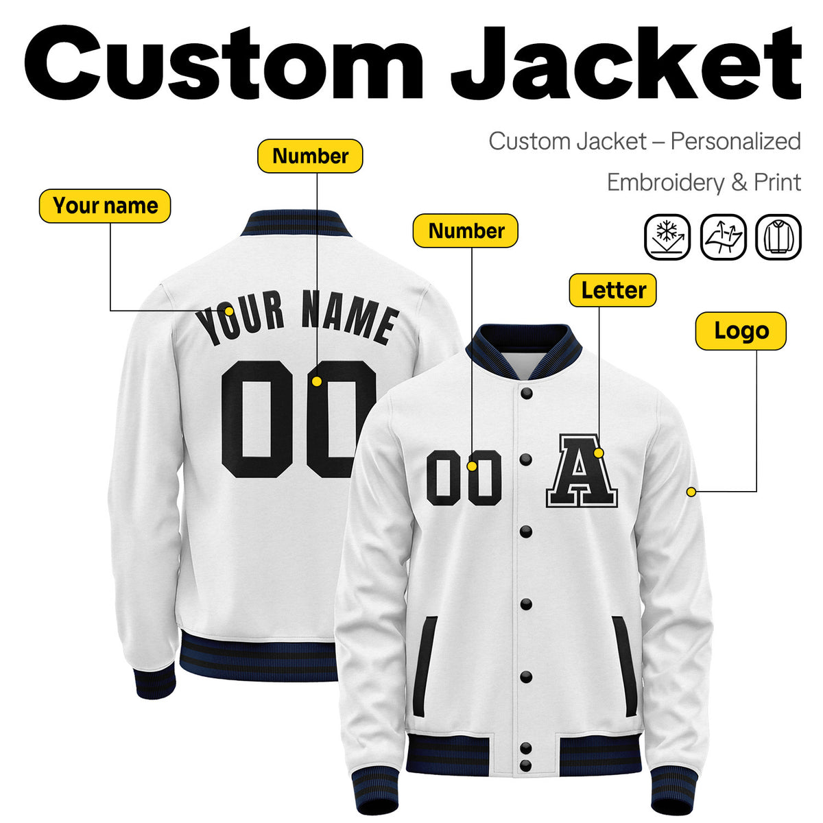 Custom Varsity Jacket with Stitched Name & Number | White & Navy Personalized Team Letterman Bomber