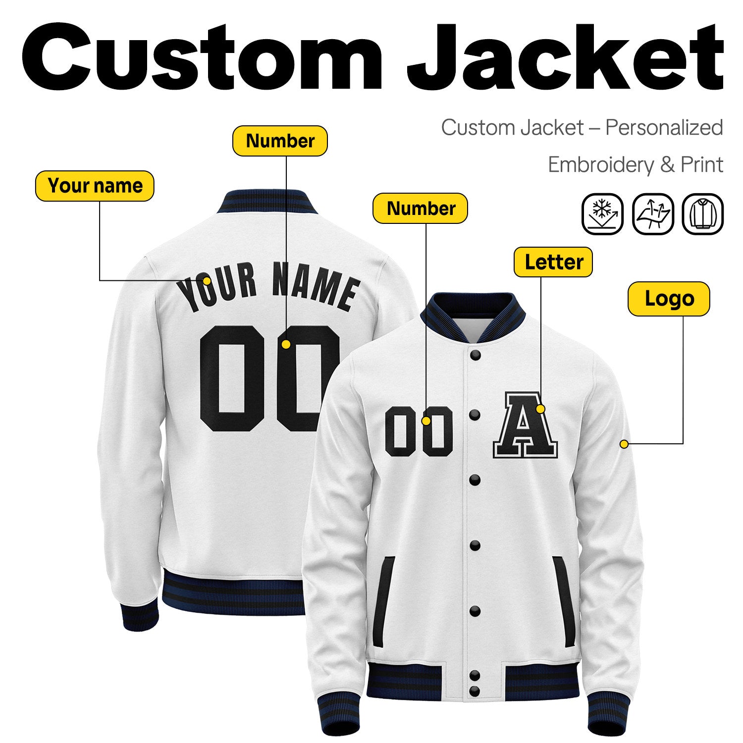 Custom Varsity Jacket with Stitched Name & Number | White & Navy Personalized Team Letterman Bomber