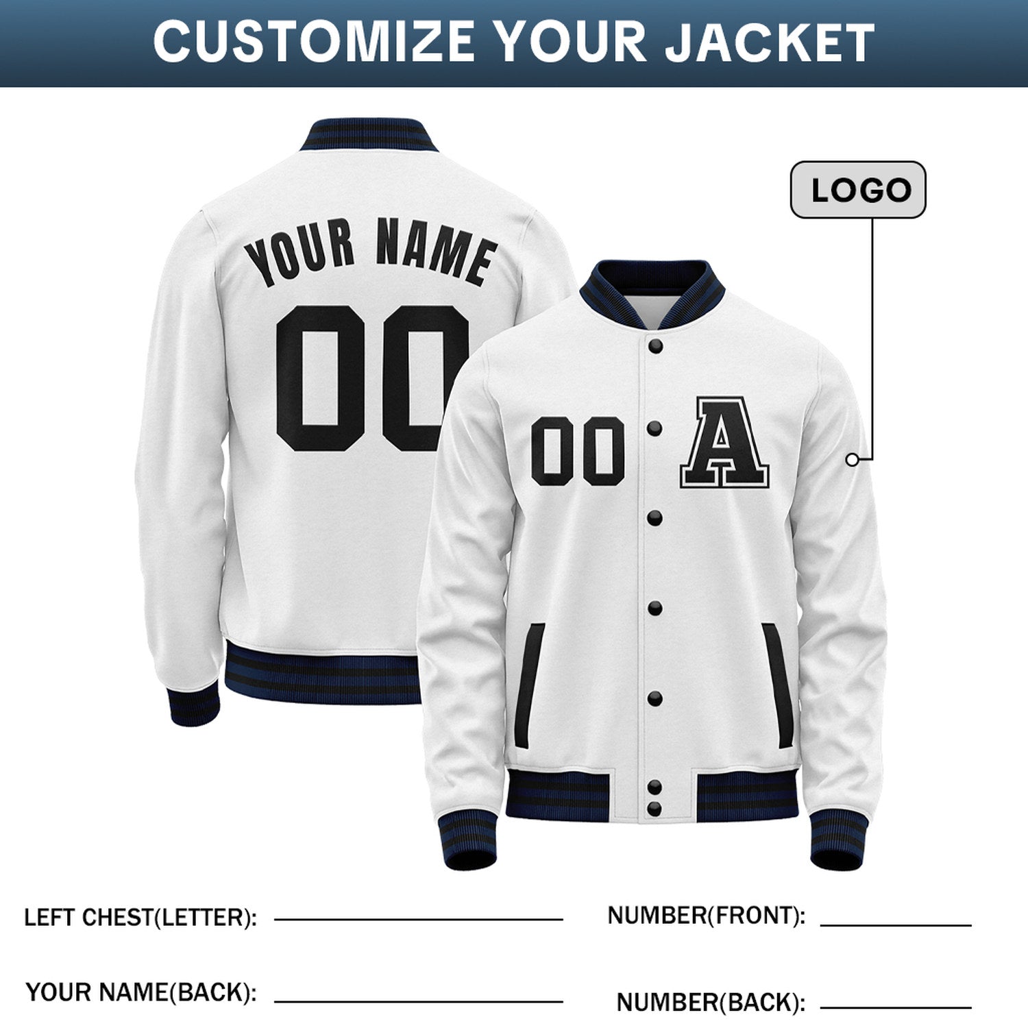Custom Varsity Jacket with Stitched Name & Number | White & Navy Personalized Team Letterman Bomber