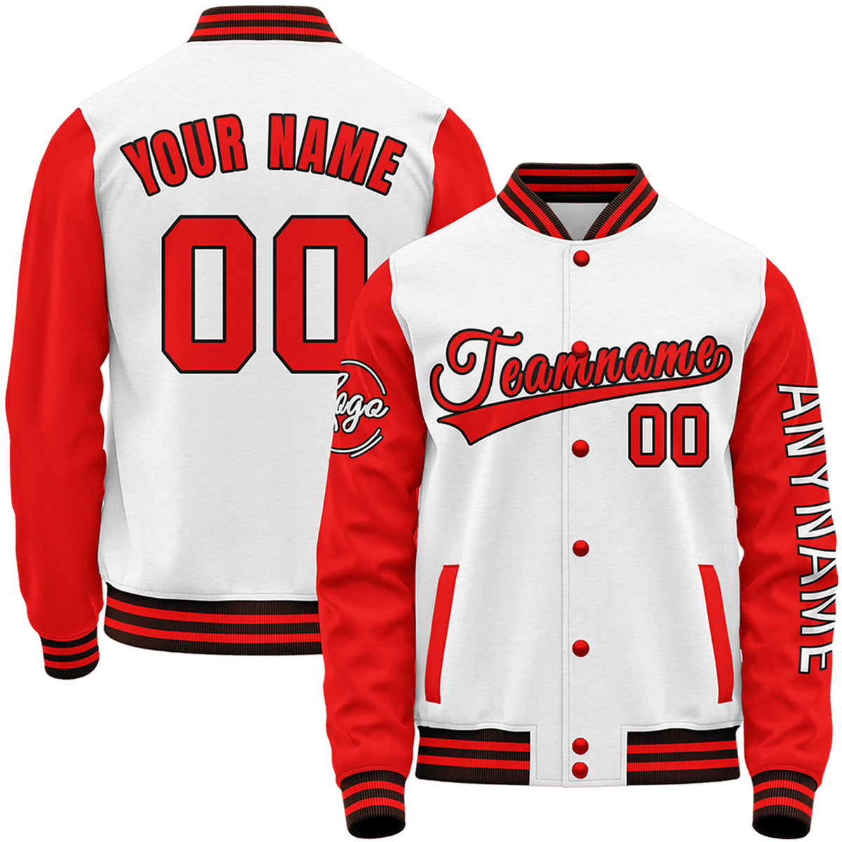 Personalized  white and red high school baseball jackets by Vosoli with stitched name, number and logo. Classic varsity jacket for baseball and casual wear.