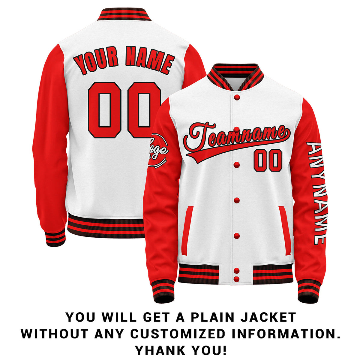 Custom White & Red Two Tone Varsity Letterman Jacket | Personalized Stitched Team Name Number Outerwear
