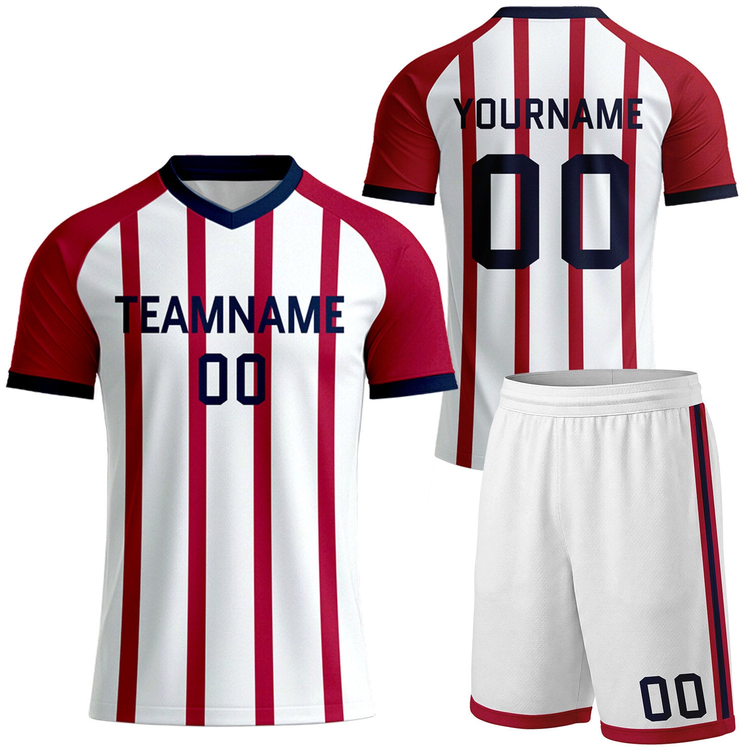 personalized white red vertical stripe club soccer uniforms by Vosoli, personalized team name, player name & number, breathable short sleeve V-neck soccer jersey with shorts for club soccer matches