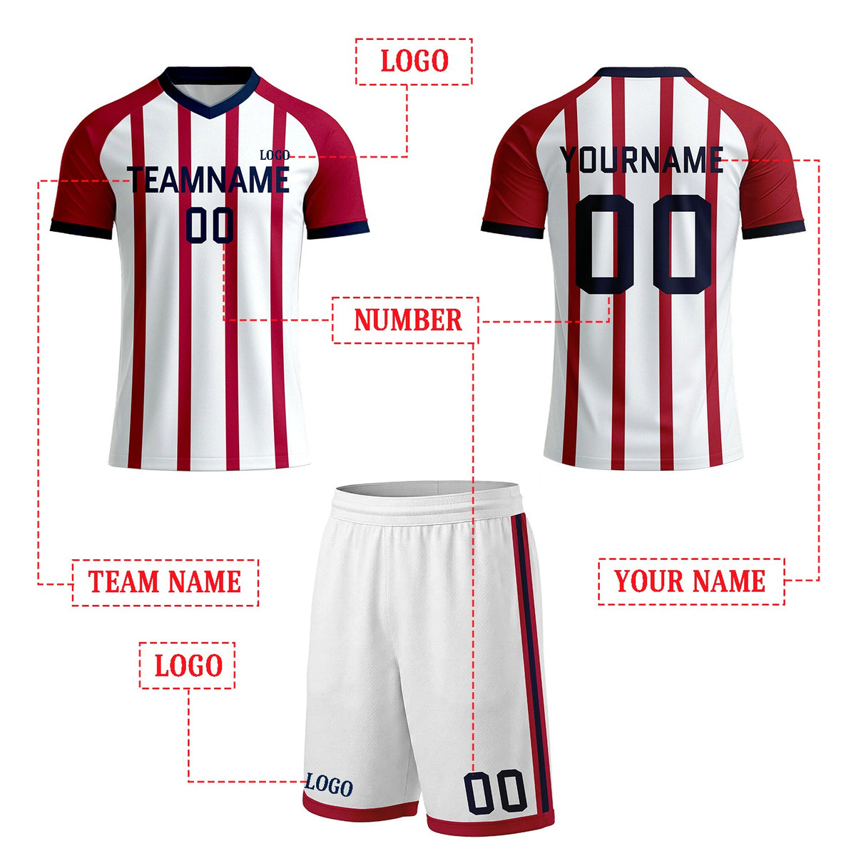 Custom White & Red Vertical Stripe Soccer Uniform Set | Personalized Jersey & Shorts for Youth & Adult