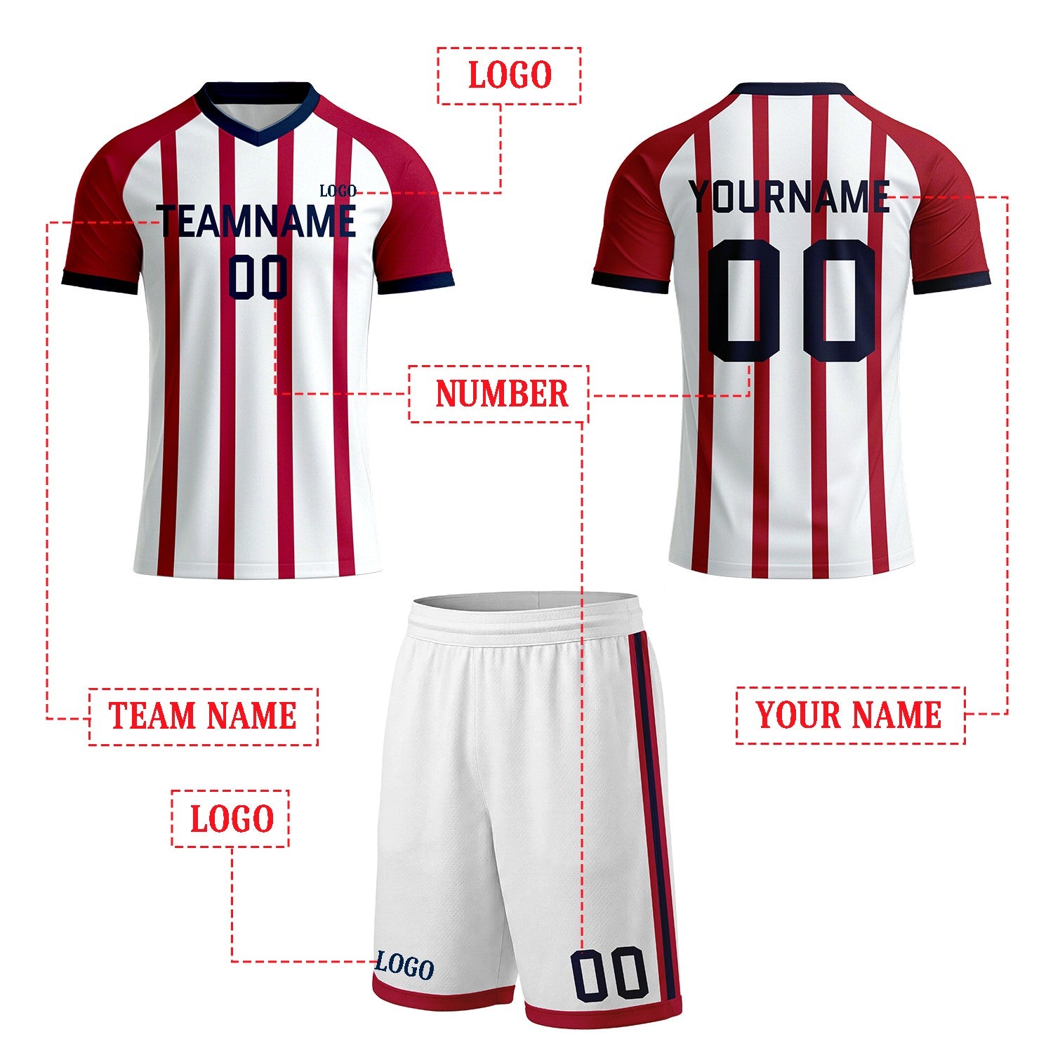Custom White & Red Vertical Stripe Soccer Uniform Set | Personalized Jersey & Shorts for Youth & Adult