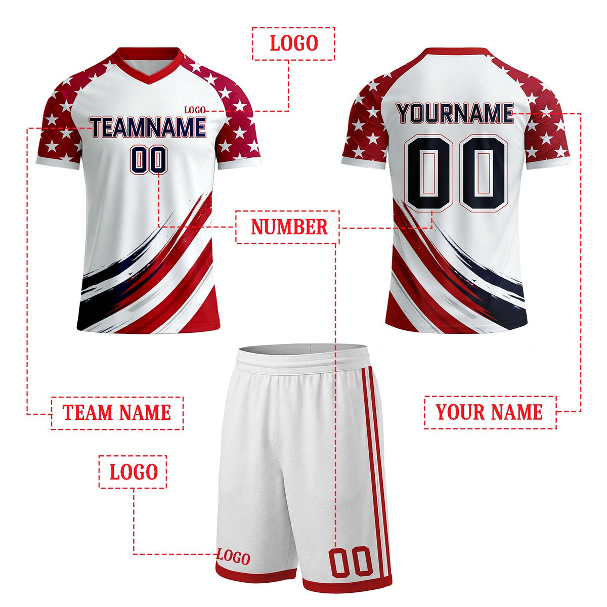 Personalized White & Star Sleeve Brush Soccer Uniform Set | Custom Jersey & Shorts for Youth & Adult Soccer Teams