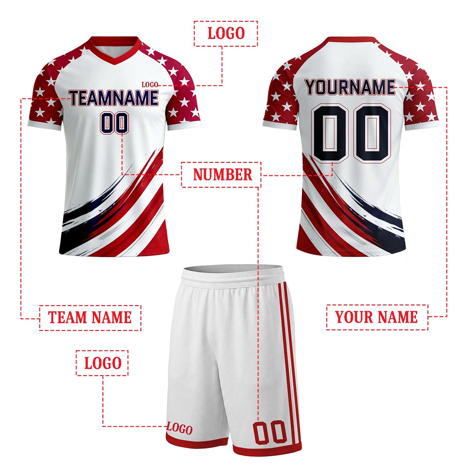 Personalized White & Star Sleeve Brush Soccer Uniform Set | Custom Jersey & Shorts for Youth & Adult Soccer Teams