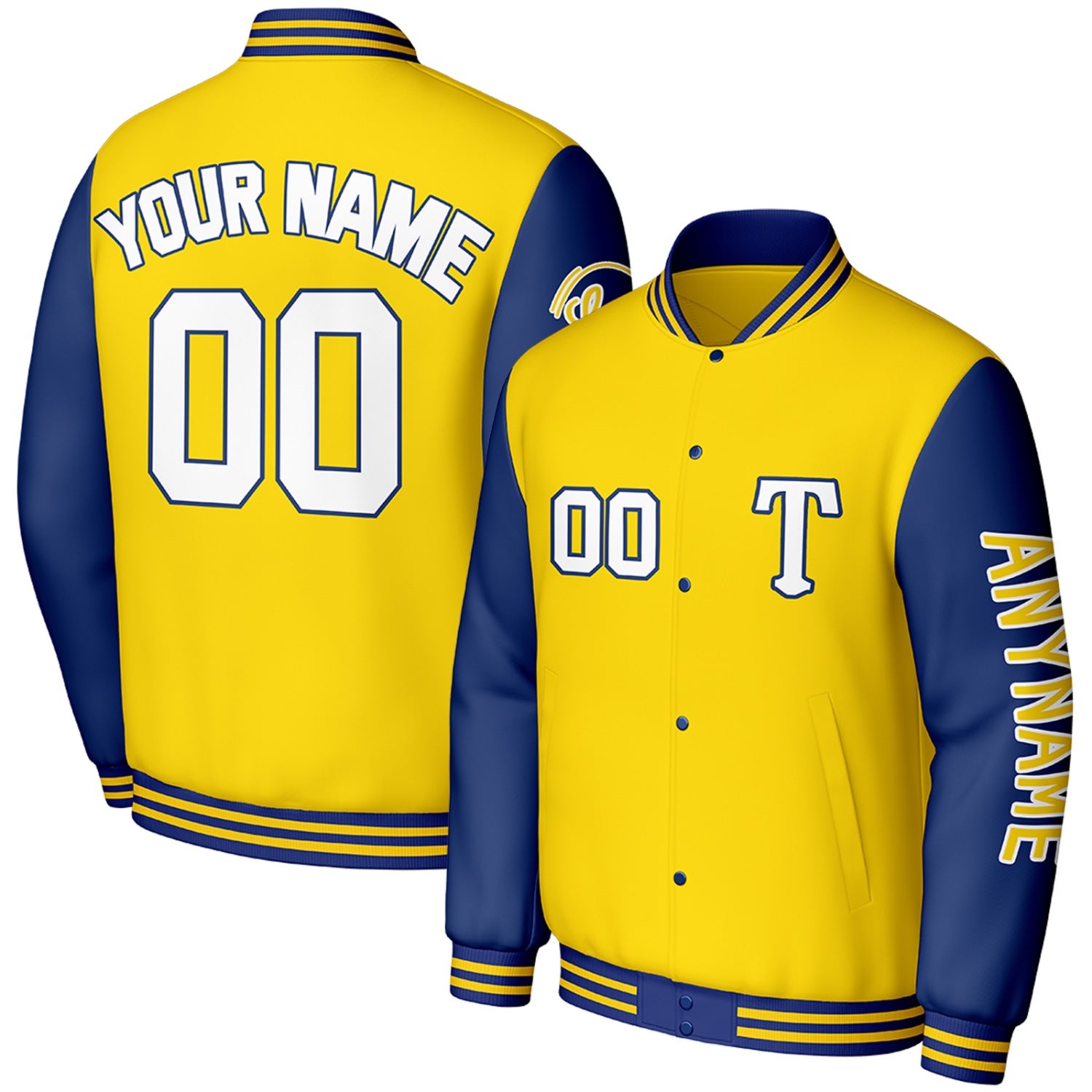 custom yellow navy club baseball jackets by Vosoli, personalized stitched name, number & logo, classic button up varsity letterman jacket for baseball club team and casual wear