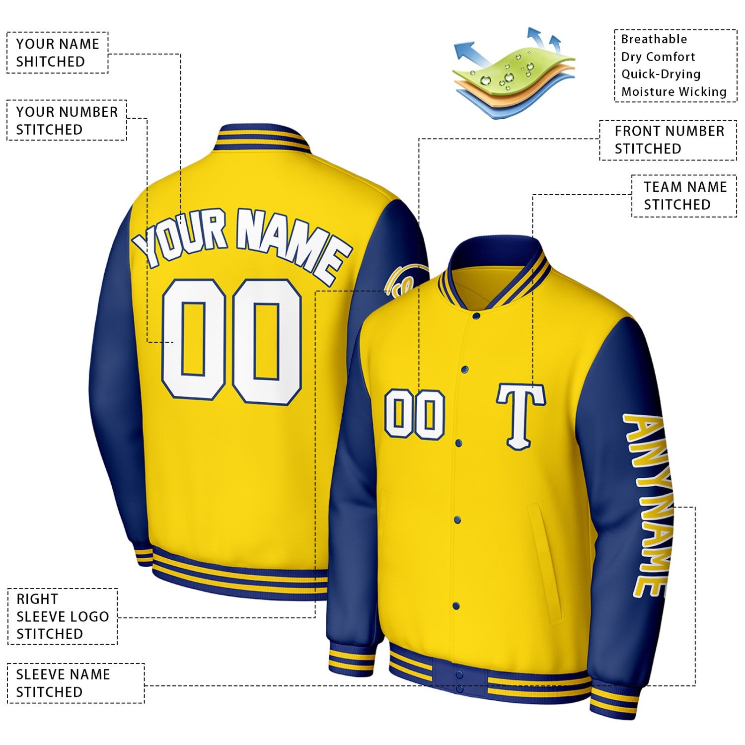 Custom Yellow & Navy Varsity Baseball Jacket | Personalized Letterman Baseball Bomber for Adult & Youth