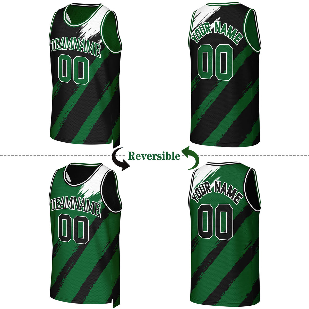 Custom Black & Green Brush Stroke Reversible Basketball Jersey | Personalized Team Uniforms for Adult & Youth