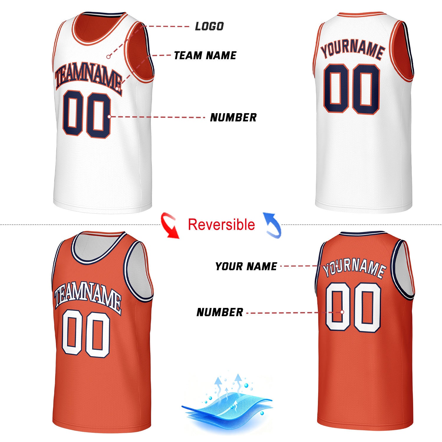 Custom Classic Double Trim Reversible Basketball Jersey Orange & White Mesh Team Uniform for Adult Youth