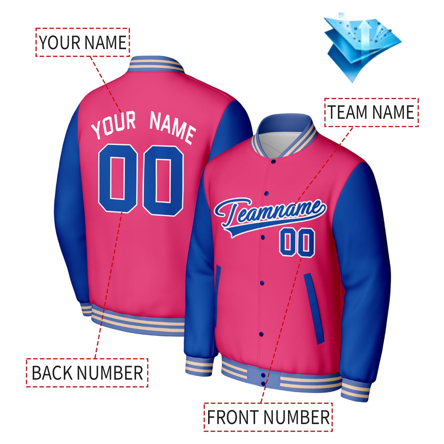 Custom Pink & Blue Varsity Baseball Jacket | Personalized Jacket with Stitched Name & Number for Adult & Youth